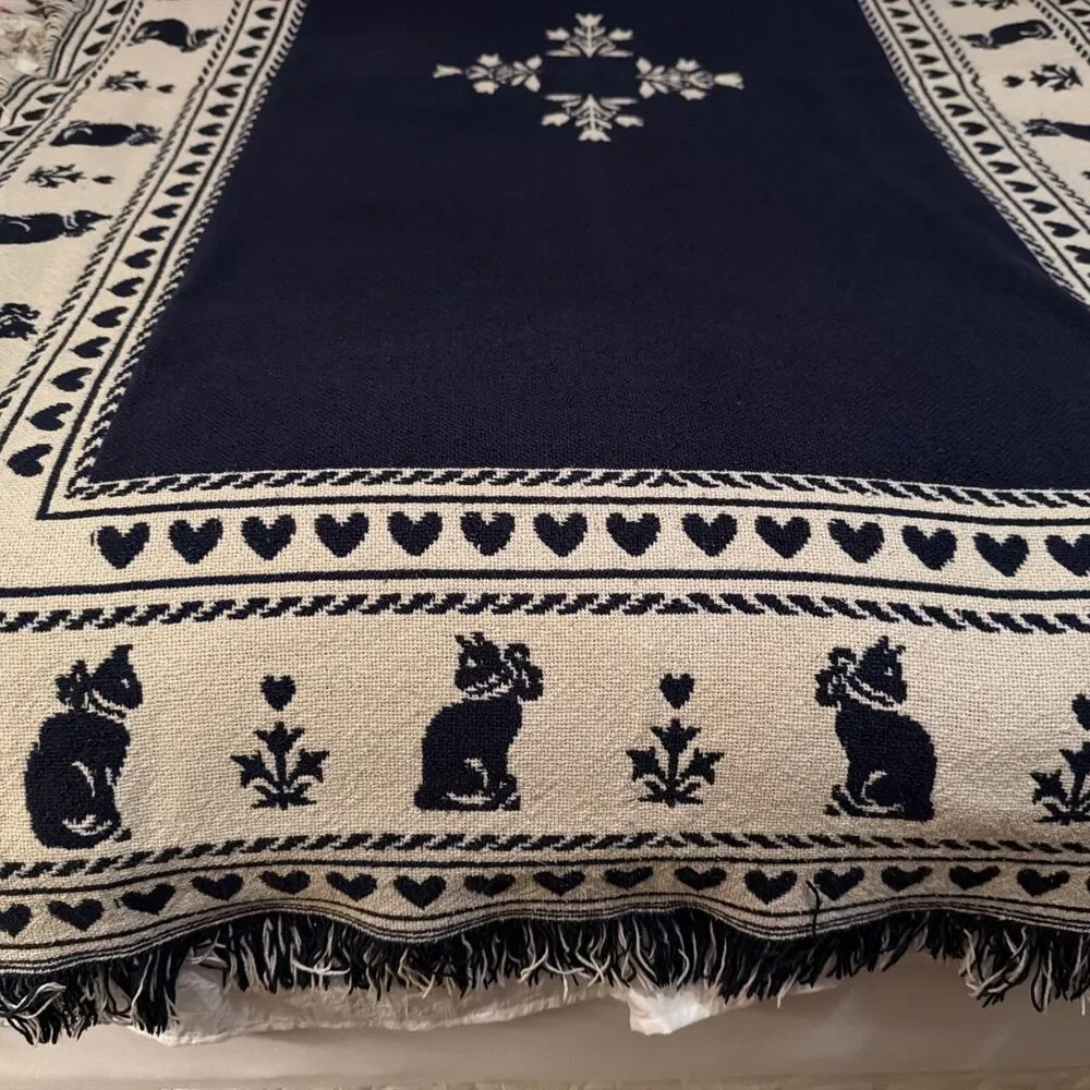 Vtg Cat Throw Blanket Woven Cotton Blue Cream Heart Reversible Grandmacore 45x66